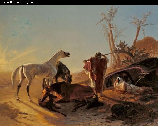 Theodor Horschelt Rastendes Beduinenpaar mit Araberpferden